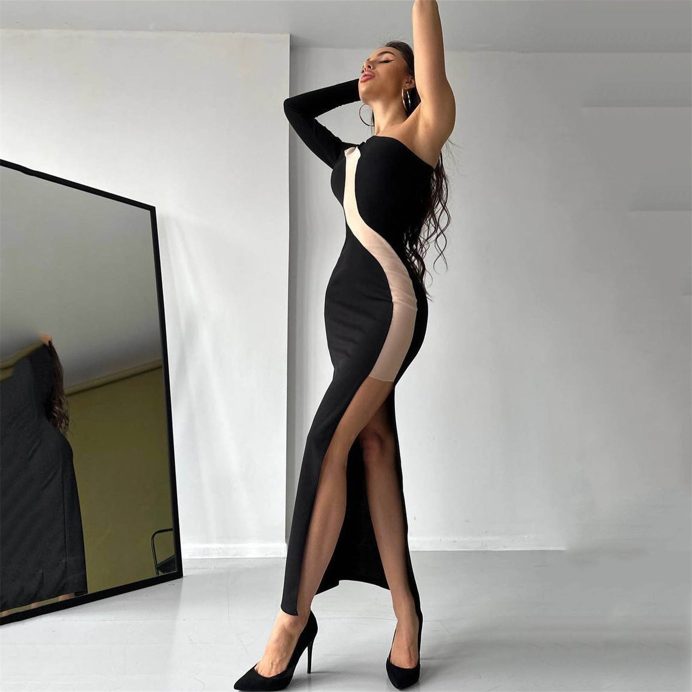 Sexy Women Clothing Diagonal Collar Single Sleeve Dress Women Mesh Stitching Sexy Slit Midi Dress Women Bella Mia